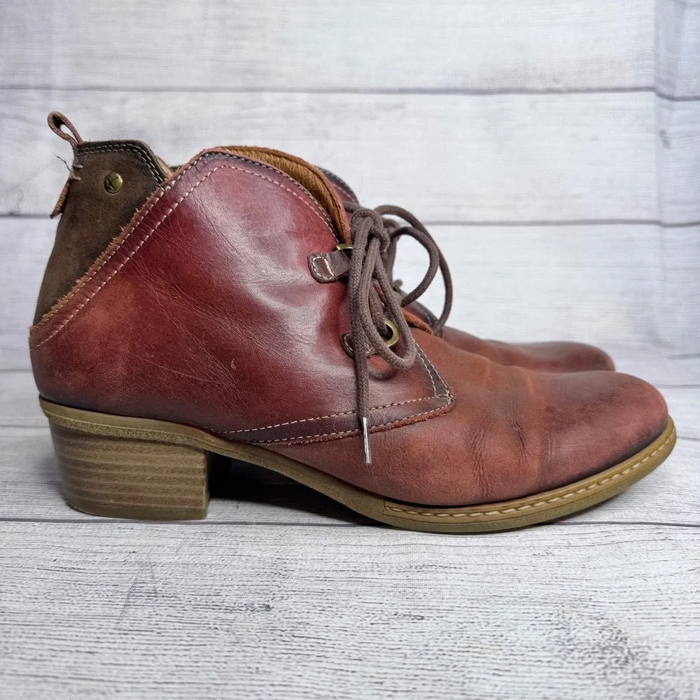 Pikolinos Womens Burgundy Leather Lace‎ Up Ankle Boots Block Heel Spain Size 39